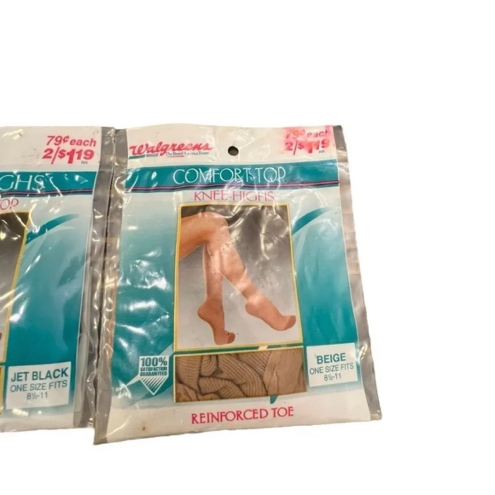 Vintage NIP WALGREENS KNEE HIGH STOCKINGS Beige Black Navy White Comfort‎ Top